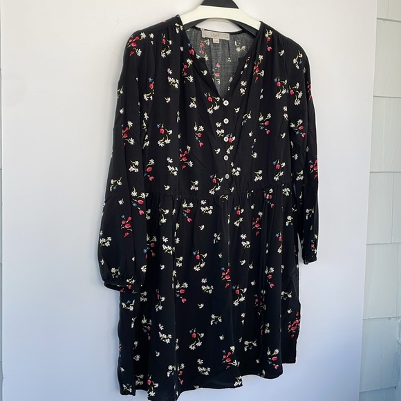 LOFT Black Casual Floral Side Tie Sundress Long Sleeves Medium Petite - Picture 11 of 16